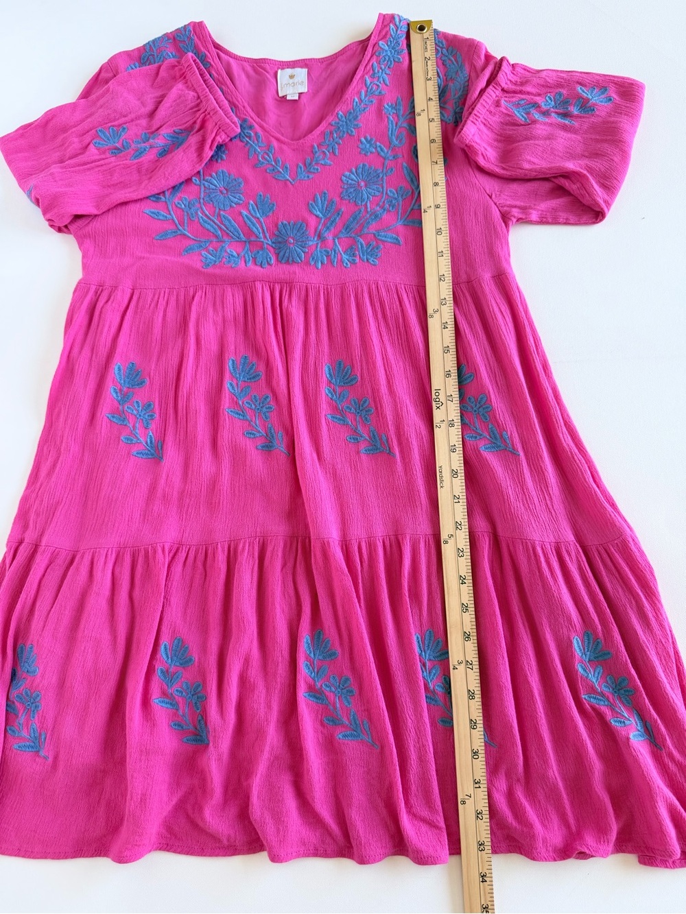 J.Marie Madeline Hot Pink Blue Embroidered Tiered Boho Mini Dress V-Neck M - Picture 6 of 12